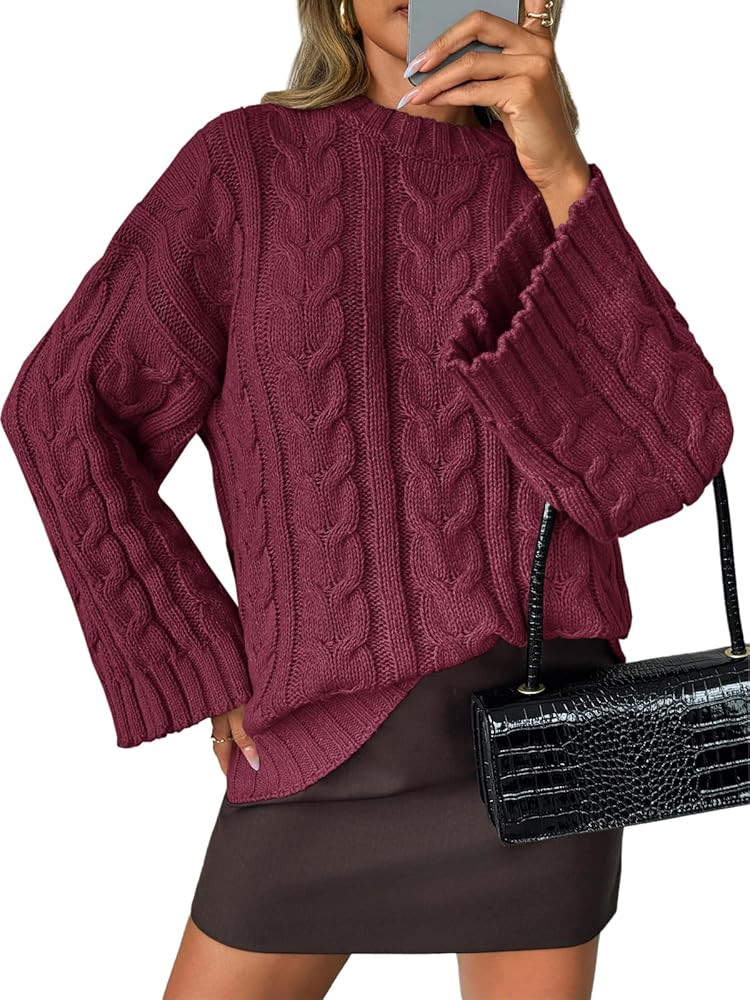 Saodimallsu Womens Oversized Sweaters Cable Knit Bell Batwing Sleeve Crew Neck Fall Winter Chunky... | Amazon (US)