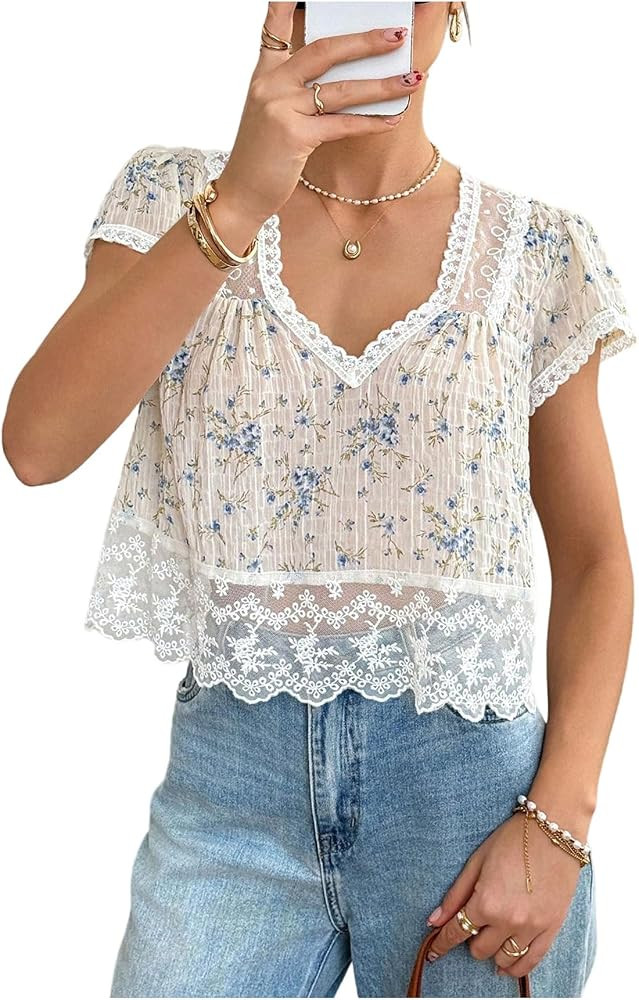 RoseSeek Women's Floral Sheer Lace Peplum Patchwork Top V Neck Cap Sleeve Blouses Going Out Tops ... | Amazon (US)