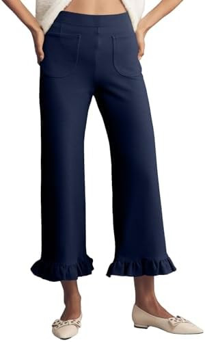 Acelitt Women's Gingham Pants Summer Casual Elastic Waist Straight Leg Ruffle Hem Stretchy Croppe... | Amazon (US)