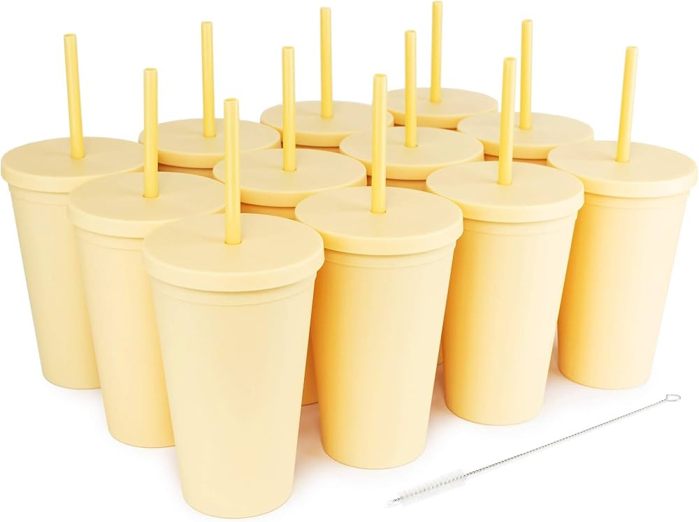 Tumblers with Lids (12 pack) 16oz Colored Acrylic Cups with Lids and Straws | Double Wall Matte P... | Amazon (US)