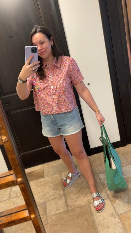 Easy outfit for warm summer days and travel 
Liberty London print top, on sale + an additional 50% off this weekend with code EXTRA. Size up for a less crop look 
Denim shorts are flattering and a great length! True to size 
Metallic silver Birkenstocks and Moreau St. Tropez tote 


#LTKTravel #LTKSummerSales #LTKSeasonal