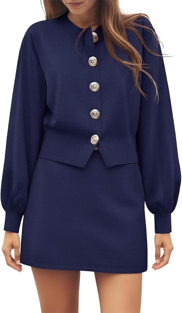 Tankaneo Womens Skirt 2 Piece Sweater Set Crewneck Button Up Cardigan Mini Skirt Trendy Casual Lo... | Amazon (US)
