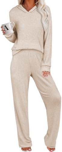 ANRABESS Women's 2 Piece Lounge Pajama Sets Ribbed Knit Long Sleeve Hoodies Tops Matching Pants C... | Amazon (US)