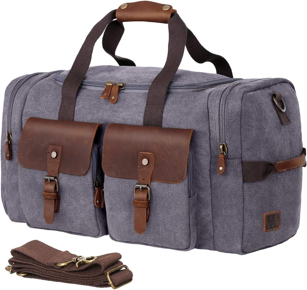 WOWBOX Duffle Bag Weekender Duffel Bag for Men and Women Genuine Leather Canvas Travel Overnight ... | Amazon (US)