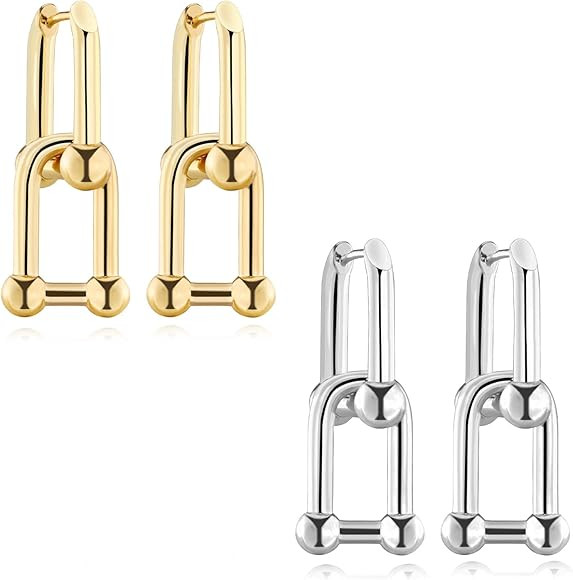 Emibele 18K Gold Plated Ball Hoop Earrings for Women, U-shaped Chain Double Link Earrings Chunky ... | Amazon (US)