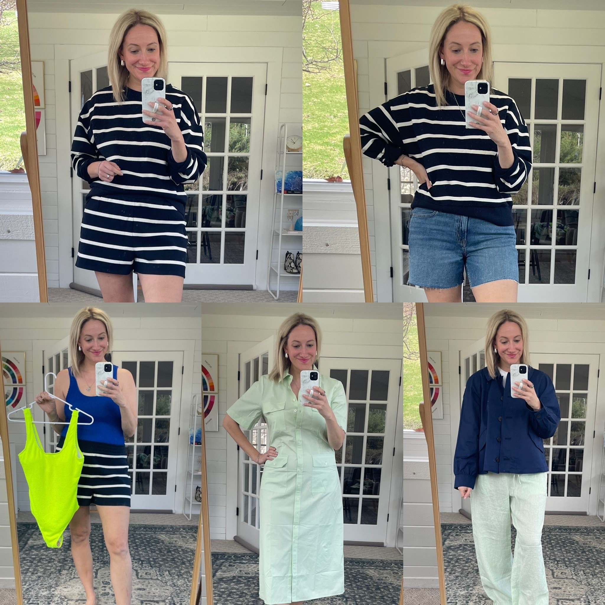 This week’s try-on
Top left top + shorts: ❄️ TTS
Top right shorts: ☀️ TTS
Bottom left blue swimsuit: ❄️ size down 1
Bottom left yellow swimsuit: ❄️ 🌷 size down 1
Bottom middle dress: ☀️ TTS
Bottom right jacket: ❄️ size down 1-2
Bottom right tee: ❄️ TTS or size up 1
Bottom right pants: ☀️ TTS