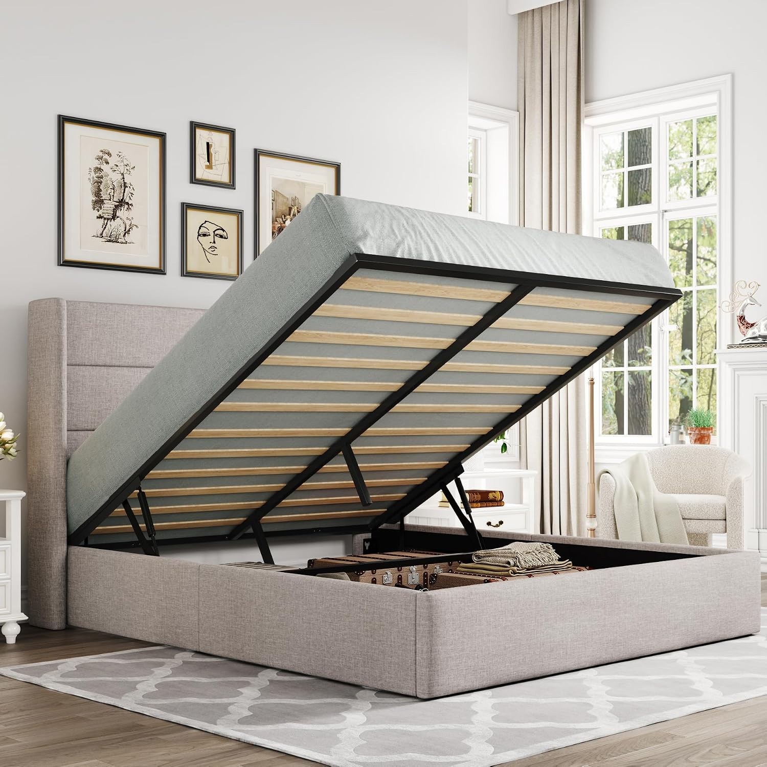 Allewie Queen Size Lift Up Hydraulic Storage Bed Frame Light Beige | Amazon (US)