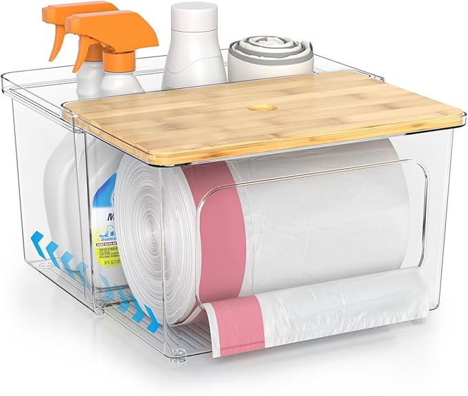 Trash Bag Dispenser Roll Holder - Clear Garbage Bag Holder Dispenser with Bamboo Lid and Sliding ... | Amazon (US)