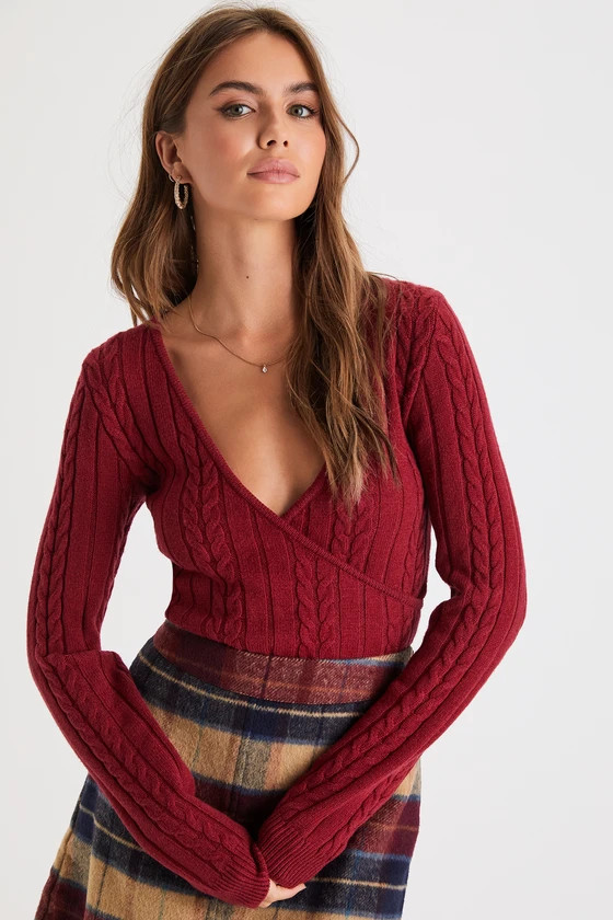Seasonal Crush Wine Red Cable Knit Surplice Sweater | Lulus (US)