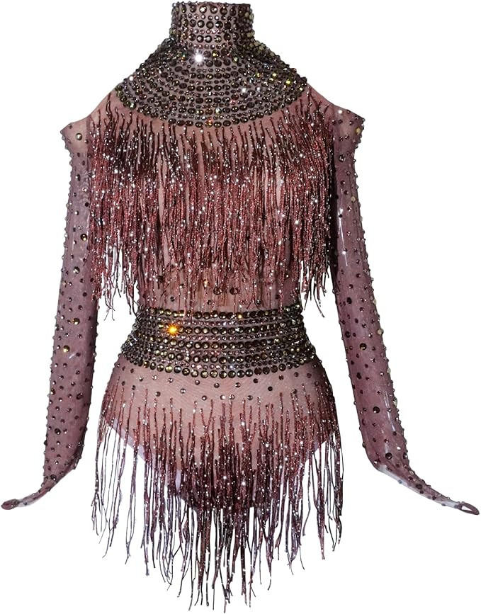 Youmeisha Sexy Fringe Rhinestone Perspective Mesh Bodysuit Women Birthday Party Team Dance Costum... | Amazon (US)
