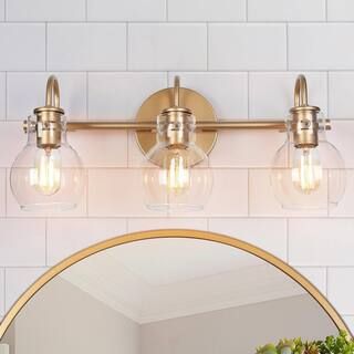 Stockton Modern 3-Light Gold Bathroom Vanity Light Powder Room Wall Sconce with Clear Globe Glass... | The Home Depot