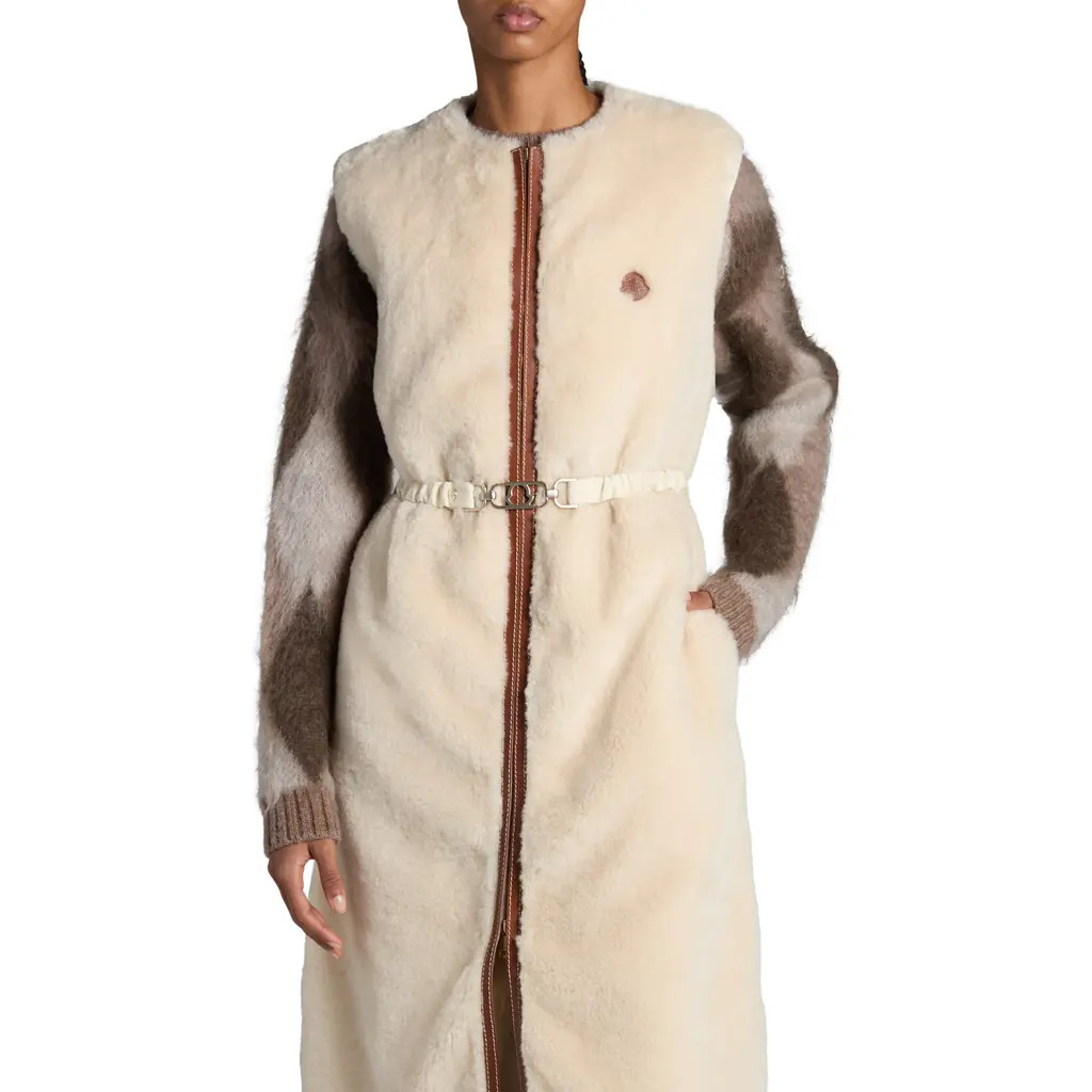Moncler Sorbier Faux Fur & Down Long Vest in Almond Milk at Nordstrom, Size 4 | Nordstrom