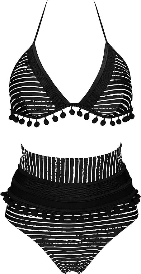 COCOSHIP Women's Mesh Striped High Waist Bikini Set Tassel Trim Top Halter Straps Swimsuit(FBA) | Amazon (US)