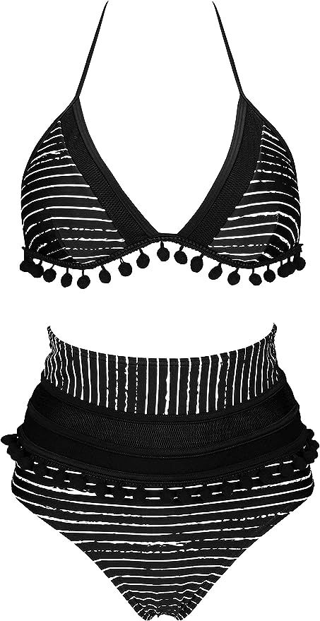 COCOSHIP Women's Mesh Striped High Waist Bikini Set Tassel Trim Top Halter Straps Swimsuit(FBA) | Amazon (US)