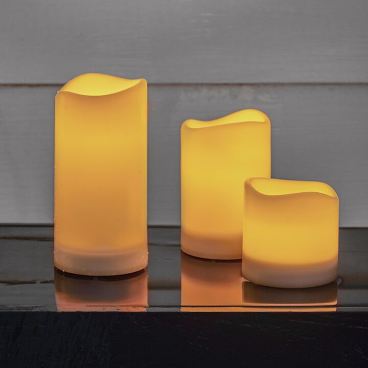 Ophelia Solar Flameless 4" Pillar Candles, Set of 3 | Lights.com