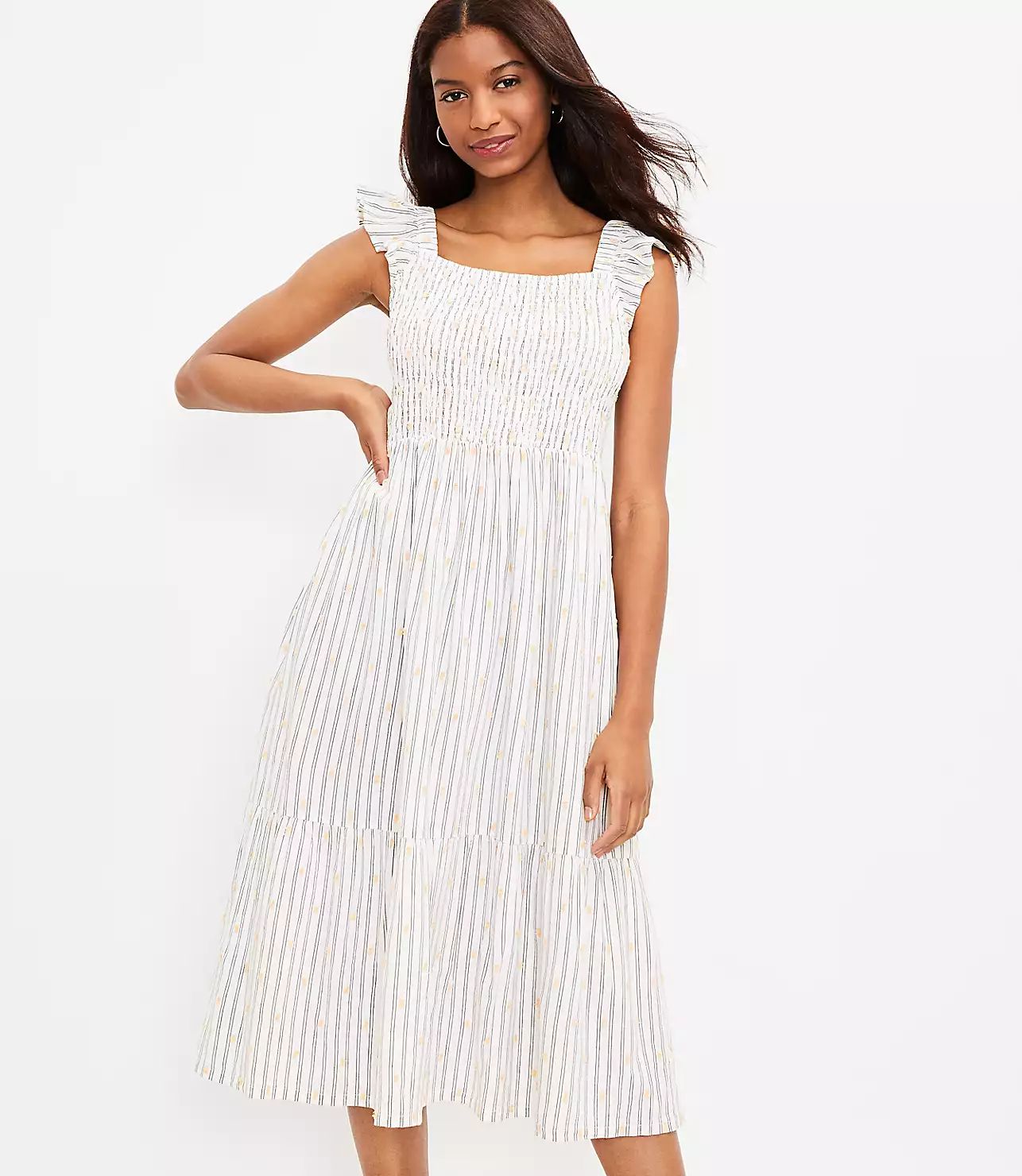 Clip Stripe Smocked Ruffle Midi Dress | LOFT