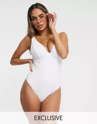 Peek & Beau Fuller Bust Exclusive underwired swimsuit in white broderie DD-G | ASOS (Global)