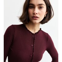 Women's Burgundy Frilly Trimmed Ribbed Top New Look | New Look (UK)