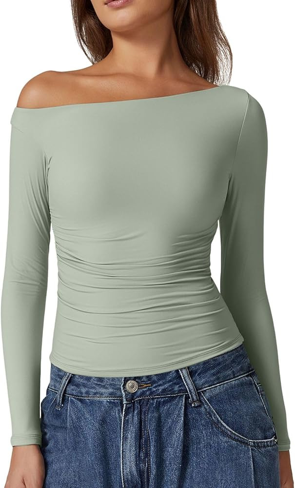 QINSEN Women's Sexy Off Shoulder Shirt Long Sleeve Double Lined Tops Side Ruched Fitted Tees | Amazon (US)
