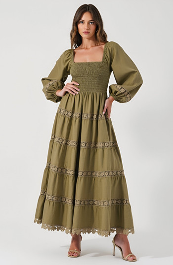 Smocked Bodice Maxi Dress with Lace Inset Tiers and Long Puff Sleeves | Nordstrom