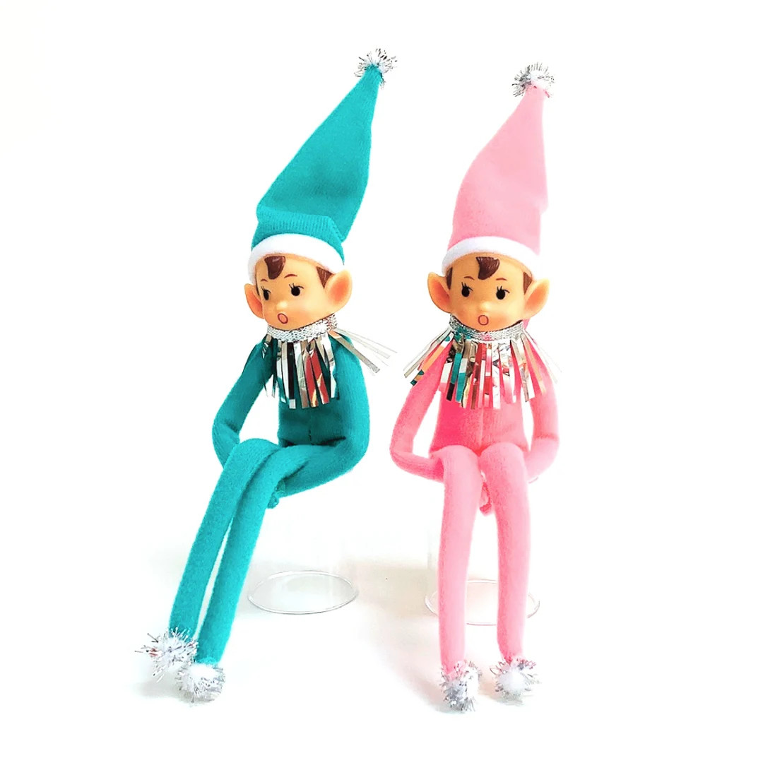 Retro Christmas Elves (set of 2), Pixie Elf Knee Huggers in aqua & pink | Etsy (US)
