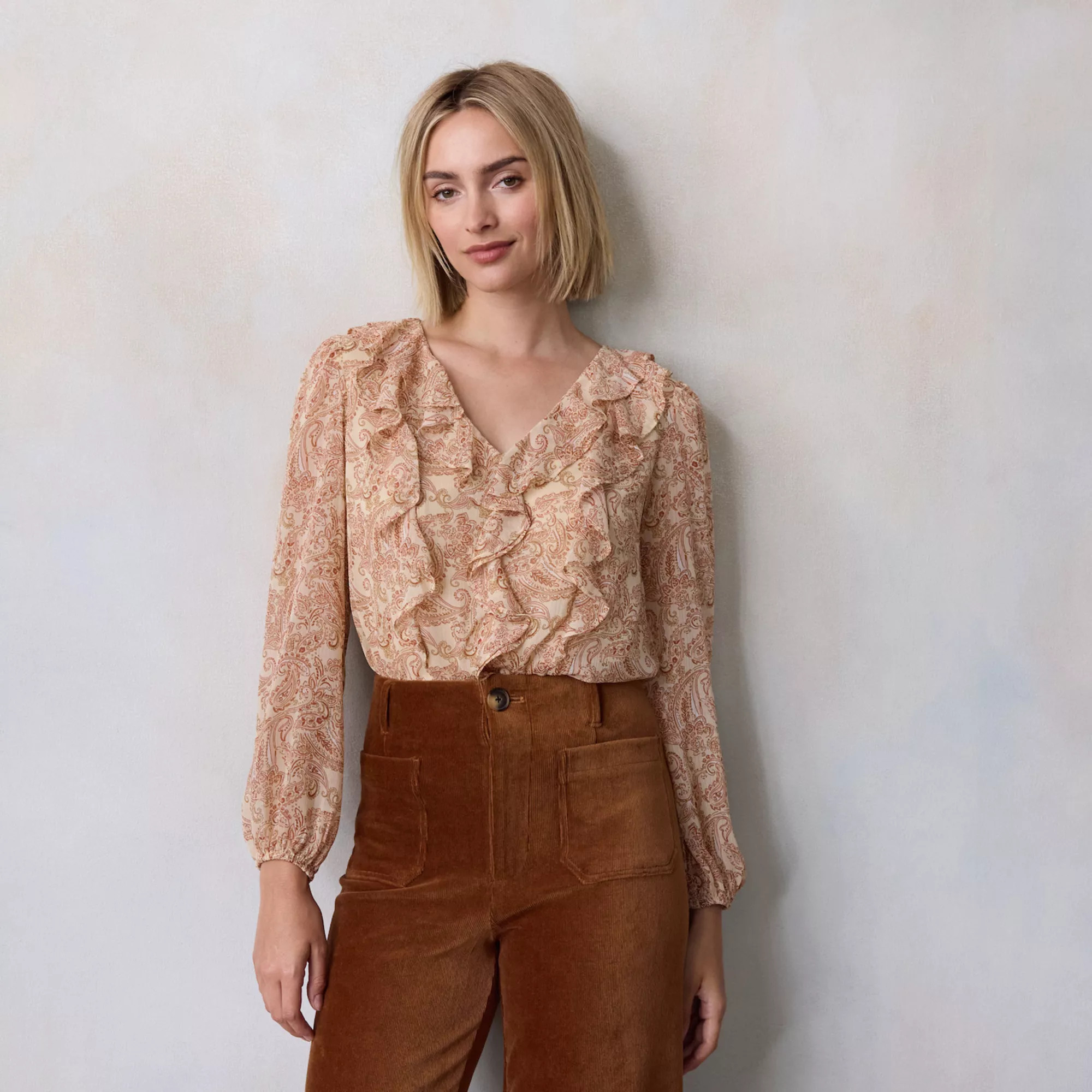 Women's LC Lauren Conrad V-Neck Long Sleeve Cascading Ruffle Top | Kohl's