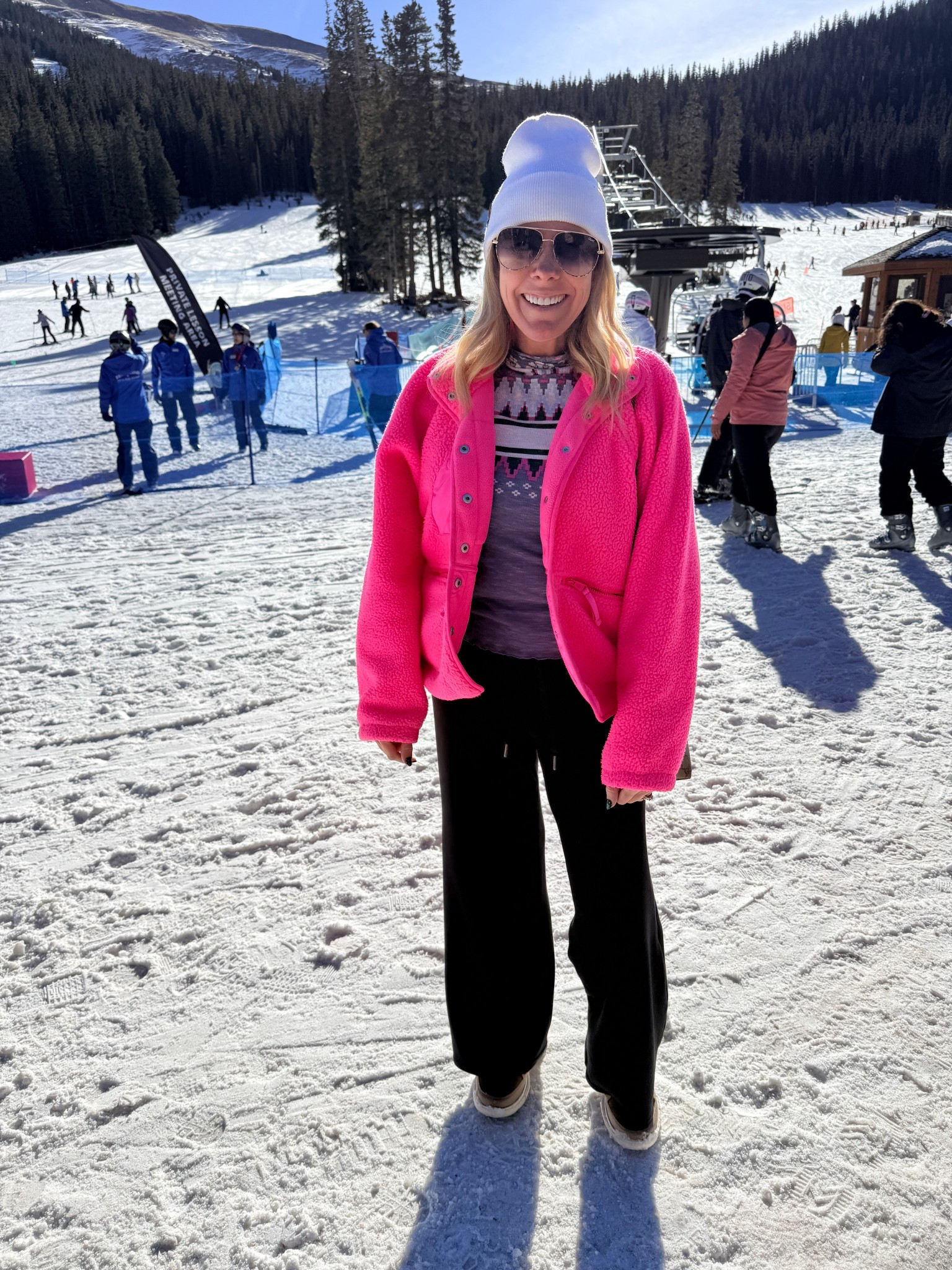 Apres ski fair isle layer. Top runs small I sized up to a medium. Size small in the neon pink jacket  Size XS air essentials spanx pants and snow boots 
Similar sorel boots 

#LTKmomlife #LTKTravel #LTKootd