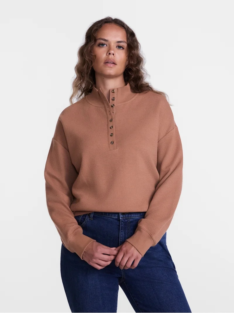 Scenario Women's and Women's Plus Waffle Knit Button Top with Long Sleeves, Sizes XS-4X | Walmart (US)