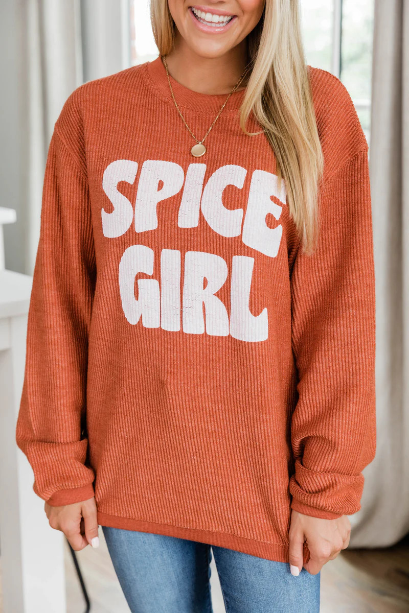 Spice Girl Graphic Orange Corded Sweatshirt | The Pink Lily Boutique