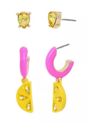 Betsey Johnson Lemon Charm Huggie Duo Earrings Set | Belk