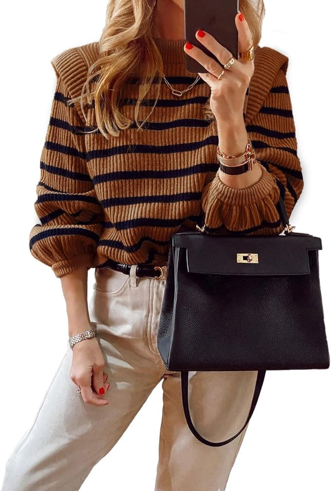 PRETTYGARDEN Women's Sweaters Casual Long Lantern Sleeve Crewneck Ribbed Knit Pullover Striped Ju... | Amazon (US)