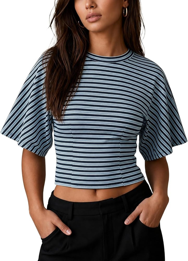 CHYRII Womens Summer Tops Lyocell Striped Batwing Short Sleeve T Shirts | Amazon (US)