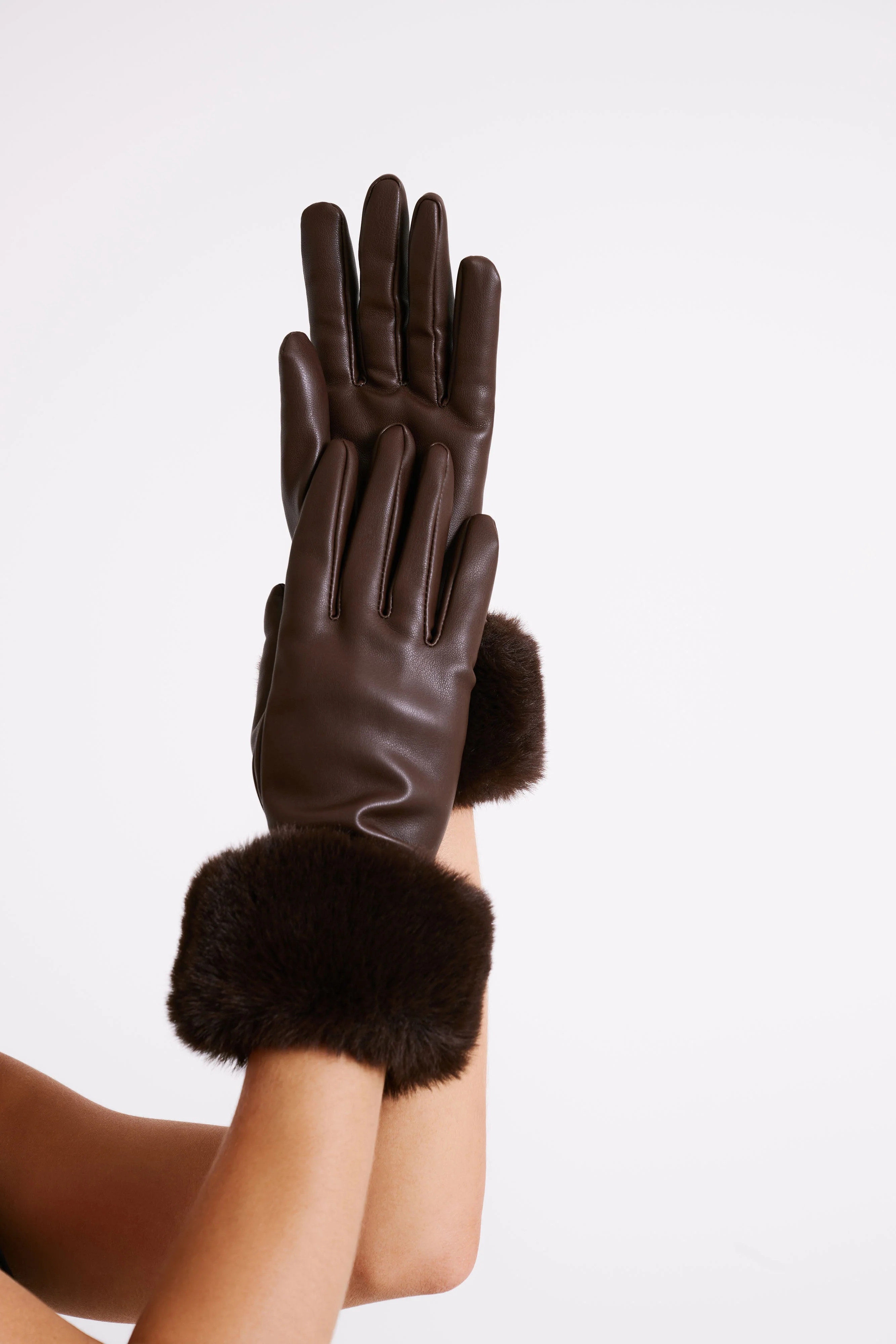 Jessabel Faux Leather Fur Trim Gloves - Dark Brown | MESHKI US
