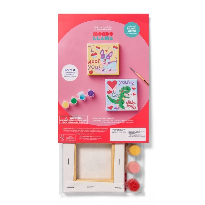 2pk 4&#34;x4&#34; Paint-Your-Own Valentine&#39;s Day Dino and Dog Canvas Kit - Mondo Llama&#8482; | Target