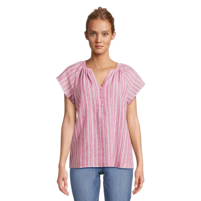 Time and Tru Women's Split Neck Top with Flutter Sleeves, Sizes XS-XXXL | Walmart (US)