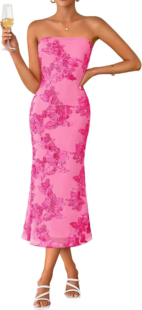 ZESICA Women's Summer Strapless Floral Midi Dress 2026 Bodycon Mesh Tube Wedding Guest Cocktail P... | Amazon (US)