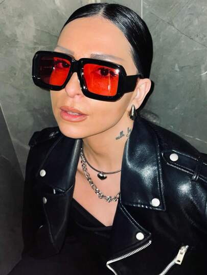 1pc Oversized Oval Square Shaped Trendy Hip-Hop Fashion Glasses, Red | SHEIN