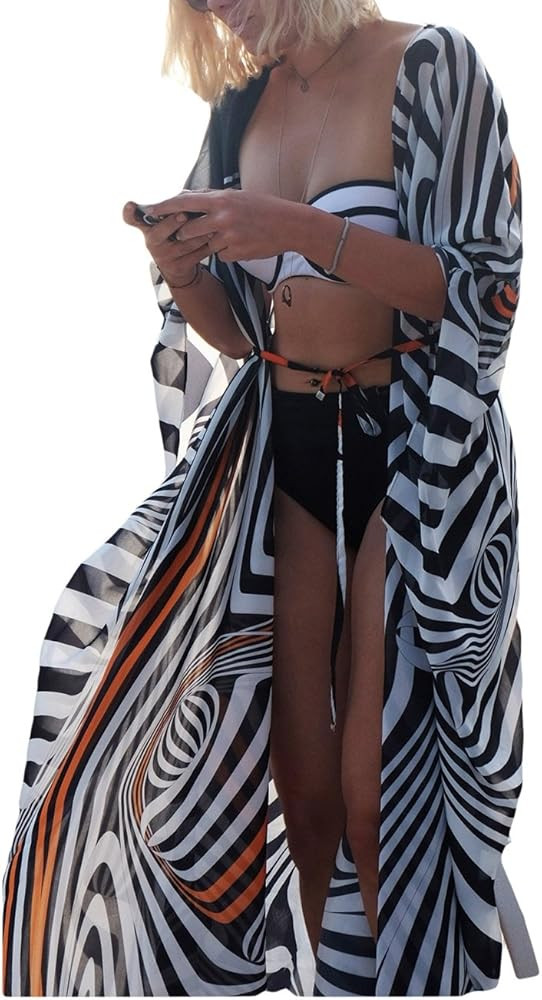 Bsubseach Women's Loose Zebra Print Short Sleeve Chiffon Bikini Cover Up Swimwear Kimono Cardigan... | Amazon (US)