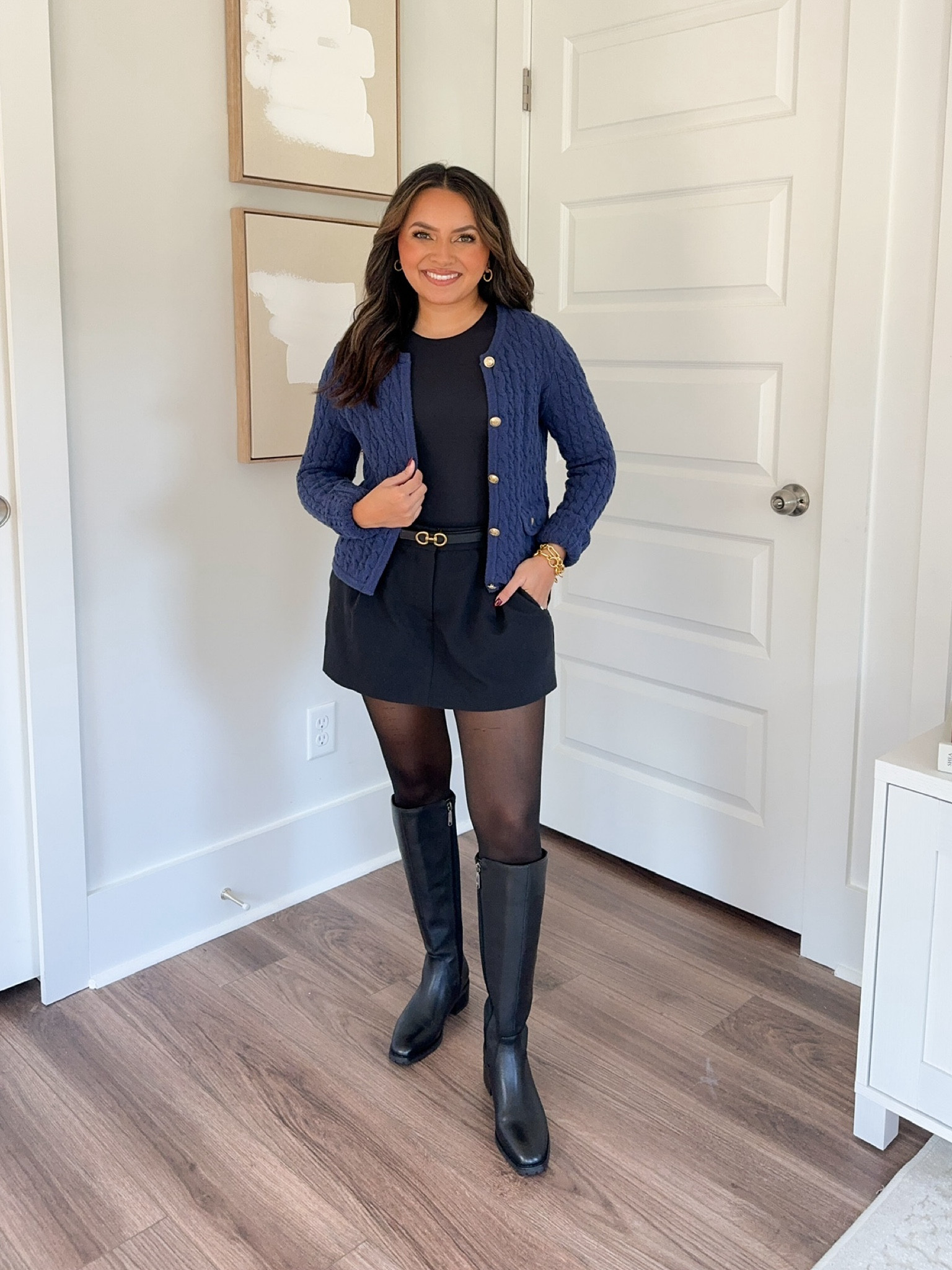 Blue Navy cardigan size XXS - runs snug - wish I had sized up to button it
Black bodysuit size small TTS 
Reversible belt size XS TTS 
Tights size S TTS 
Black skort is size small - usually size 2/26, I have a little room in the waist 
Black boots size 5.5 TTS

Amazon sale 
Fall outfit 
Fall Fashion 
Fall style 
Fall skirt 
London outfit 
fall cardigan 

Honey Sweet Petite
Honeysweetpetite

#LTKStyleTip #LTKxPrimeDay #LTKSeasonal