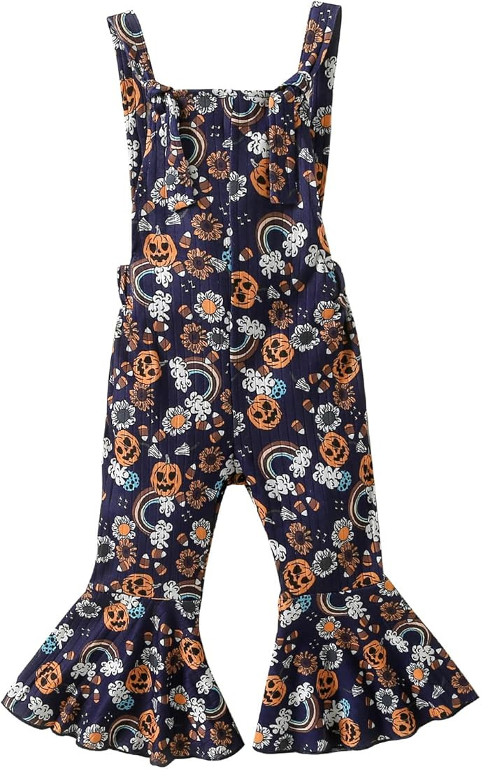 Baby Girl Halloween One Piece Outfits Pumpkin Spooky Romper Jumpsuit Toddler Strap Bell Bottoms Hall | Amazon (US)