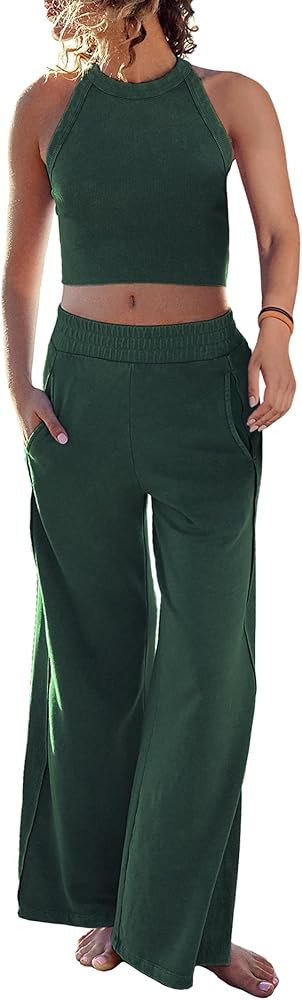 Women's Two Piece Summer Sets Ribbed Tank Crop Top Wide Leg Pants 2 Piece Outfits Matching Lounge... | Amazon (US)