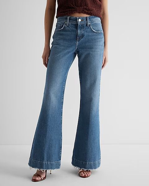 Mid Rise Medium Wash Raw Hem 70s Flare Jeans | Express