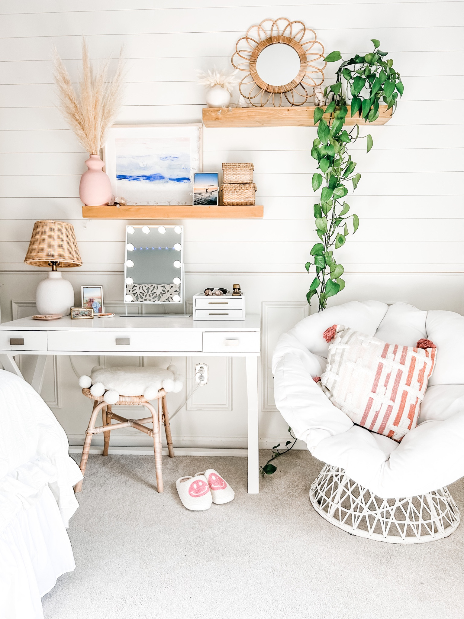 Beachy bedroom decor.

Teen girl bedroom, coastal bedroom, desk decor, white ceramic lamp with woven shade, rattan stool, white round pillow, floating shelves, light wood shelf, shelf decor, natural wood gallery frame, white desk, white x-leg desk, writing desk, girl desk decor, teen bedroom, bedroom decor, papasan chair. Glass jewelry storage box, bedroom decoration, easy plants, pampas grass

#bedroom #teengirl #deskdecor
Amazon, Target, Studio McGee

#LTKFind #LTKstyletip #LTKhome