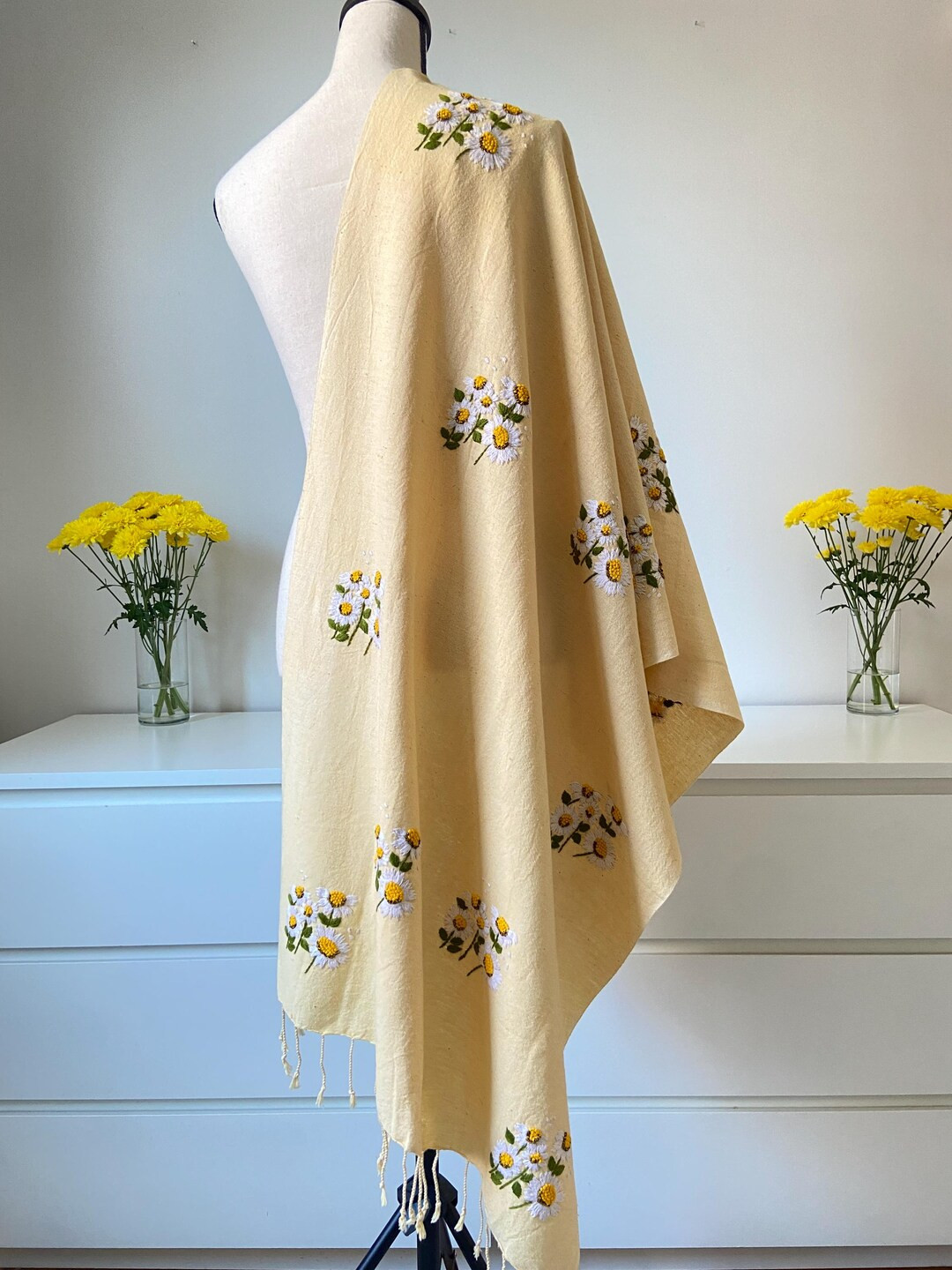 Chamomile in Mustard Yellow - Hand Embroidery Shawl - Etsy | Etsy (US)