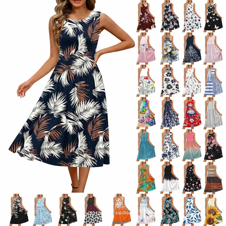 Livrdious Floral Summer Dresses for Women Casual Sleeveless A-Line Pleated Midi Sun Dresses Casua... | Walmart (US)