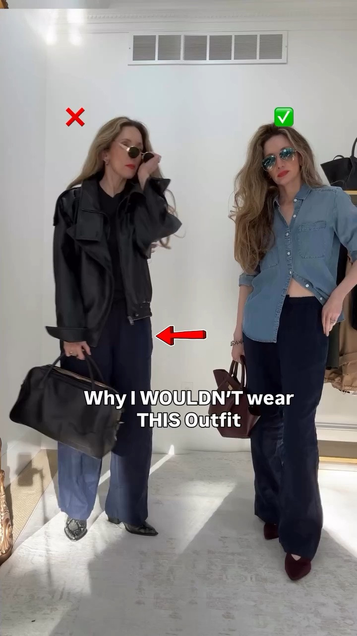 Easy tweaks to maximize your linen looks this spring/summer! ☀️
1. The leather jacket is a favorite but with linen pants it feels disjointed. A better choice is denim, chambray, linen, cotton fabrics that match the effortless vibe.
✨
2. The snakeskin ankle boots are a super chic and elegant but they feel heavy with linen trousers. Instead low profile sneakers, loafer mules or slingback heels feel like a natural extension.✅
3) The bag is a key finishing touch and while you can wear a work bag of course, a raffia one feels inevitable 🤩

Comment shop to shop looks! Pants are on sale. #styletips #outfitideas #howtoperfect #linen #casualstyle