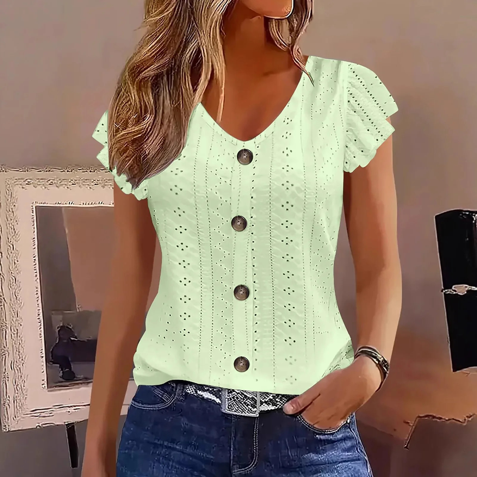 LIZUOJUNF Short Sleeve Shirts for Women Eyelet Embroidery V Neck T Shirt Womens Button Decor Shor... | Walmart (US)
