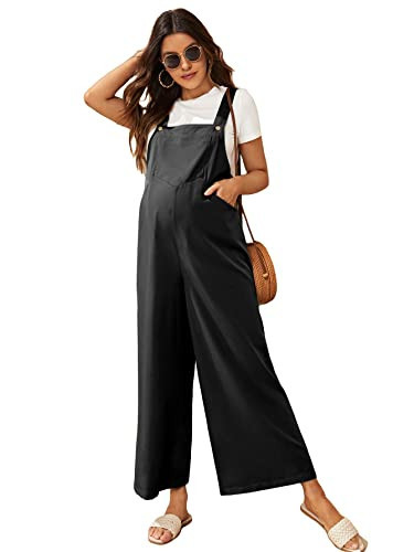 OYOANGLE Women's Maternity Overalls Button Straps Casual Sleeveless Long Wide Leg Loose Pants Jumpsuit with Pockets Black Button S | Amazon (US)