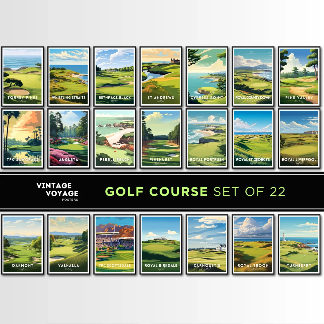 Golf Prints Set of 22, Augusta, Pebble Beach, Pinehurst, Golf Course Posters, Golf Wall Art, Golf... | Etsy (US)