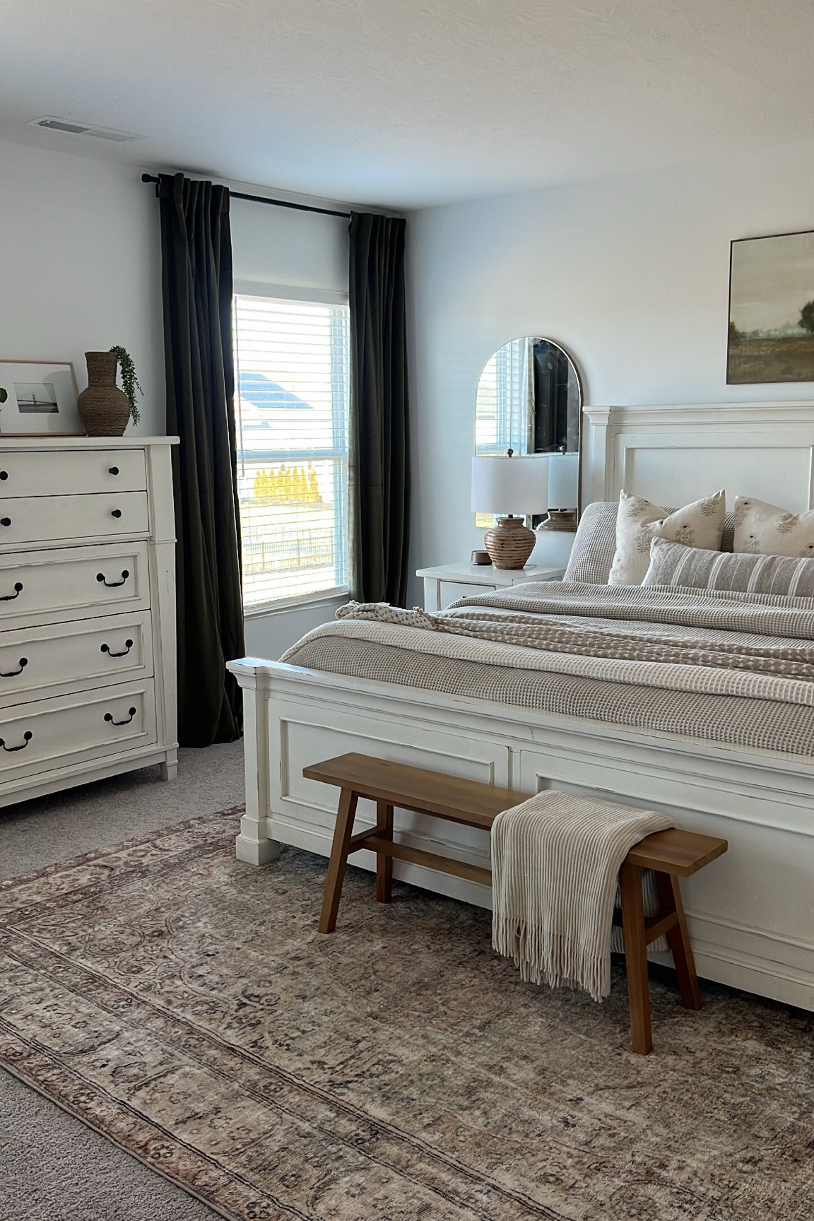 Shop my bedroom ✨ THESE CURTAINS GUYS - run. 

Green velvet curtains, arch mirrors, table lamp, wooden picture frame, black curtain rods, lumbar pillow 

#LTKhome #LTKFind